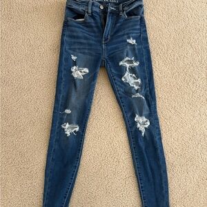 American Eagle Outfitters Women's Dark Blue Ripped Skinny Jeans